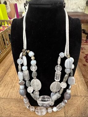 Multi-Strand Gray Beaded Necklace with Clear Accents - Women Jewelry